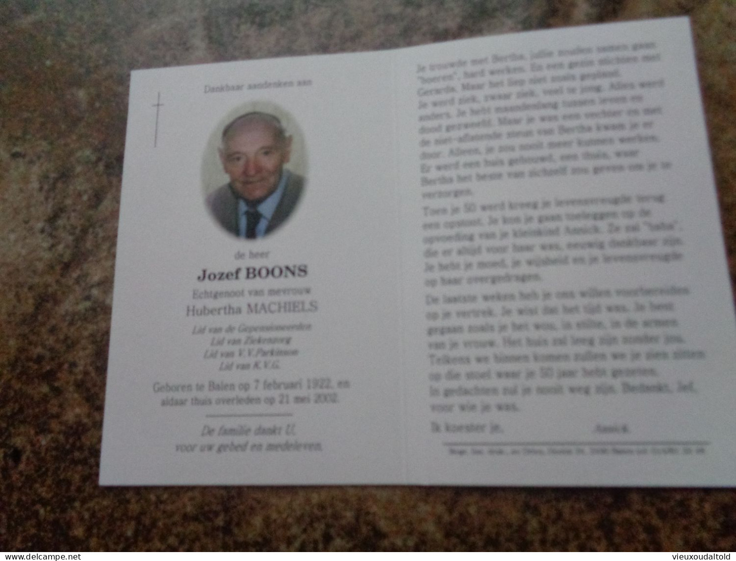 Doodsprentje/Bidprentje  Jozef BOONS   Balen 1922-2002  (Echtg H. Machiels) - Religion & Esotérisme