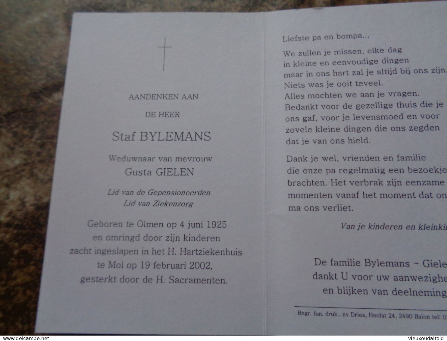 Doodsprentje/Bidprentje  Staf BYLEMANS   Olmen 1925-2002 Mol  (Wdr Gusta GIELEN) - Religion & Esotérisme