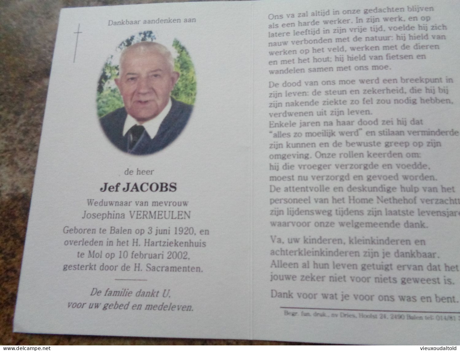 Doodsprentje/Bidprentje  Jef JACOBS   Balen 1920-2002 Mol  (Wdr Josephina VERMEULEN) - Religion & Esotérisme