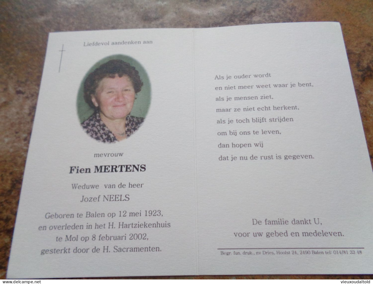 Doodsprentje/Bidprentje  Fien MERTENS   Balen 1923-2002  (Wwe Jozef NEELS) - Religion & Esotérisme