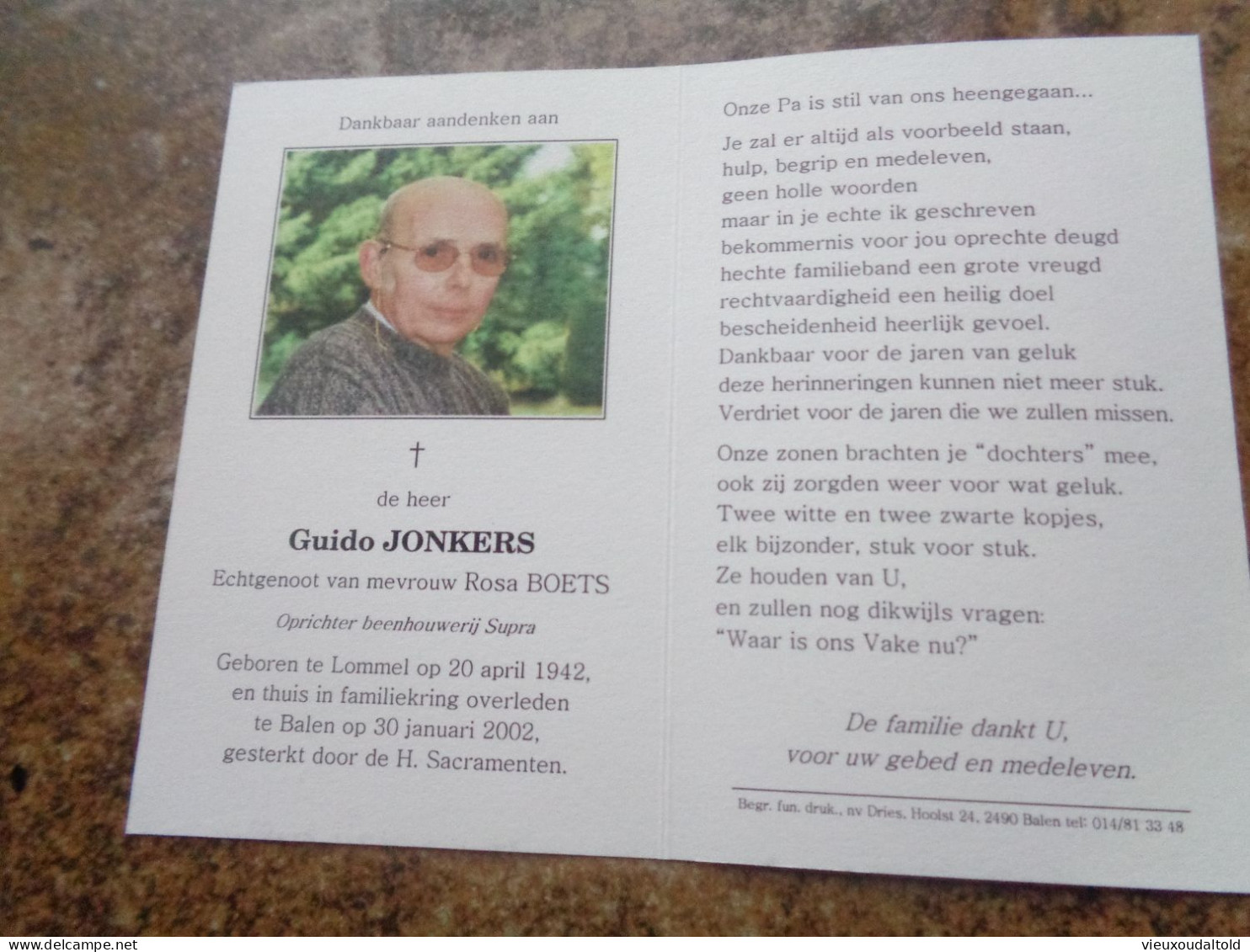 Doodsprentje/Bidprentje  Guido JONKERS   Lommel 1942-2002 Balen - Religion & Esotérisme