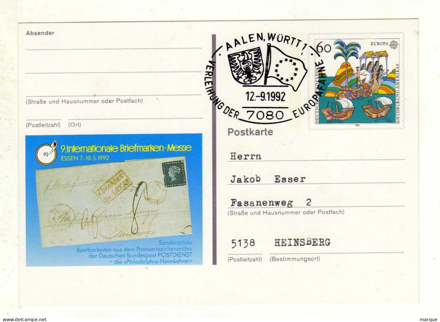 Carte ALLEMAGNE DEUTSCHE BUNDESPOST Oblitération 7080 AALEN WURTT 1 12/09/1992 - Cartes Postales - Oblitérées