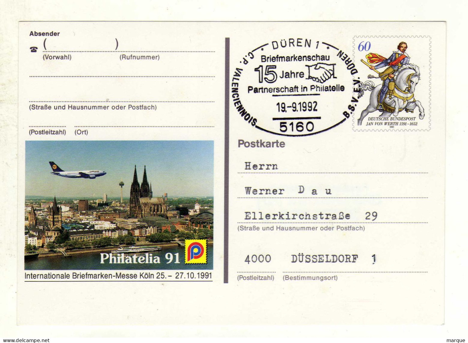 Carte ALLEMAGNE DEUTSCHE BUNDESPOST Oblitération 5160 DUREN 1 19/09/1992 - Cartes Postales - Oblitérées