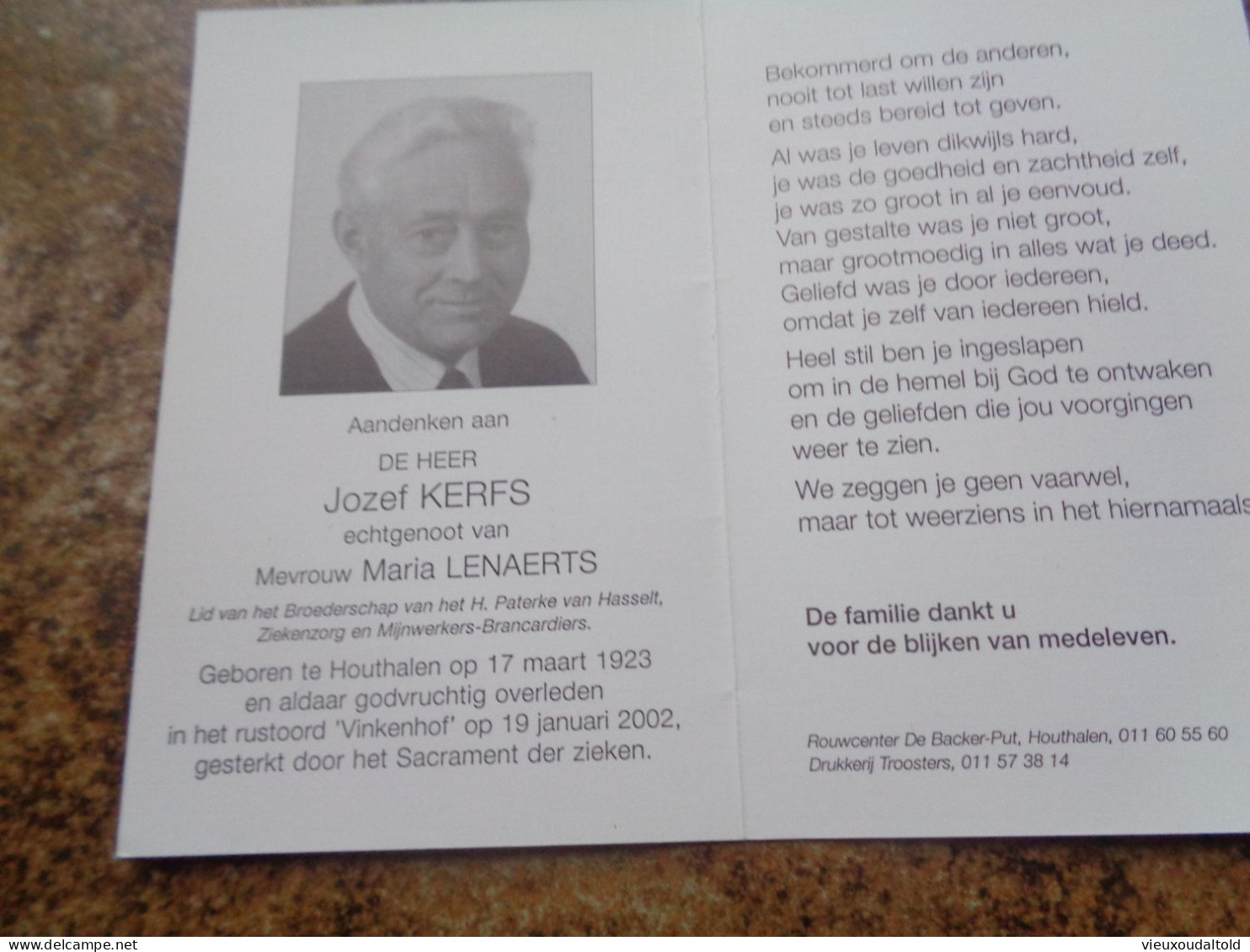 Doodsprentje/Bidprentje  Jozef KERFS   Houthalen 1923-2002  (Echtg M. Lenaerts) - Religion & Esotérisme