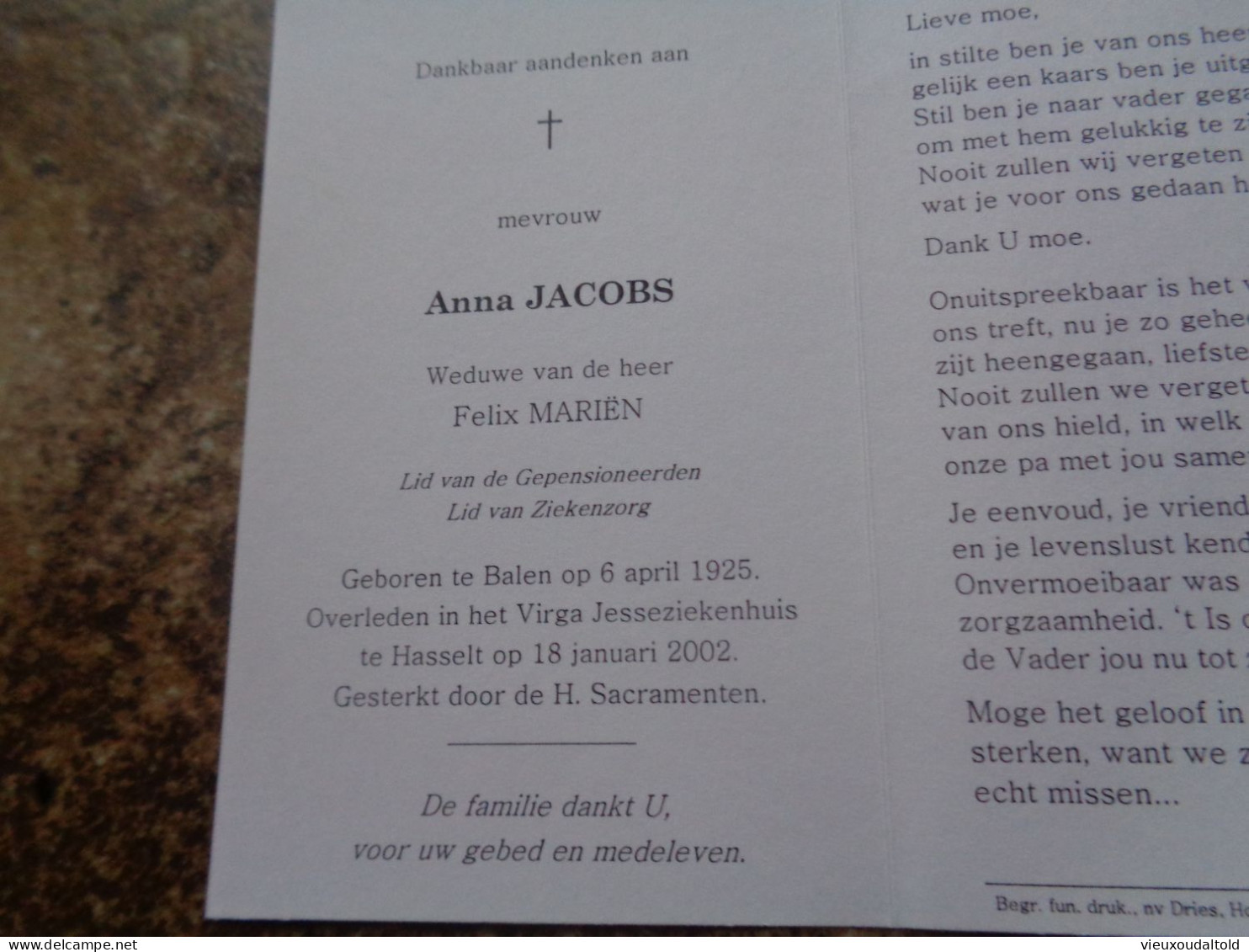 Doodsprentje/Bidprentje  Anna JACOBS   Balen 1925-2002 Hasselt  (Wwe Felix MARIËN) - Religion & Esotérisme