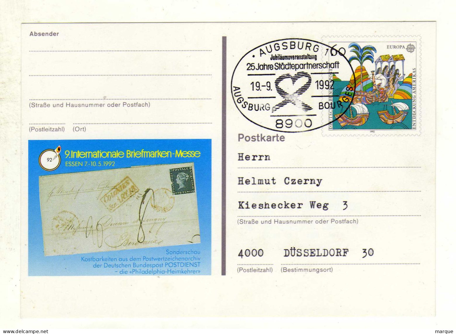 Carte ALLEMAGNE DEUTSCHE BUNDESPOST Oblitération 8900 AUSBURG 1 19/09/1992 - Postales - Usados