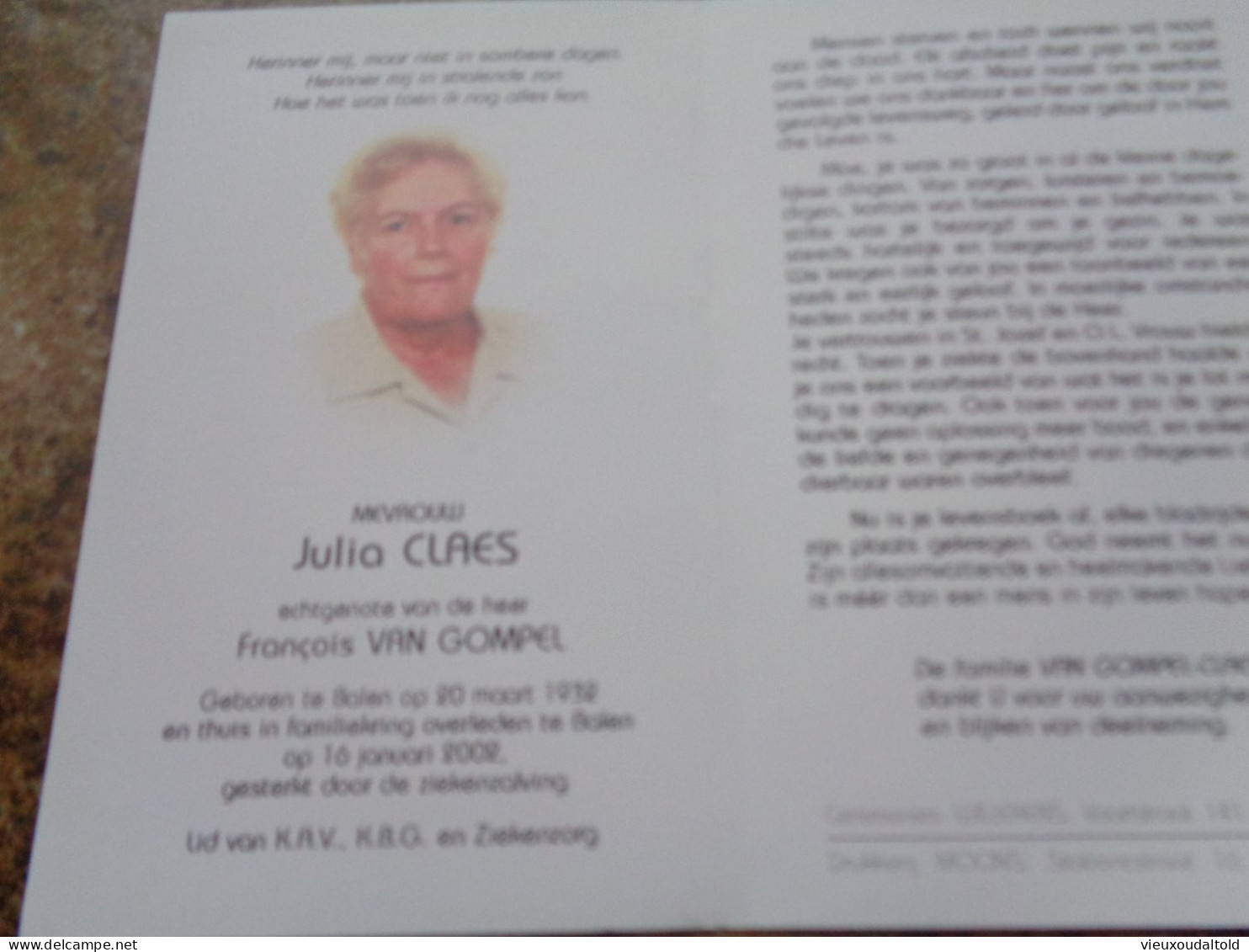 Doodsprentje/Bidprentje  Julia CLAES   Balen 1932-2002  (Echtg Van Gompel) - Religion & Esotérisme