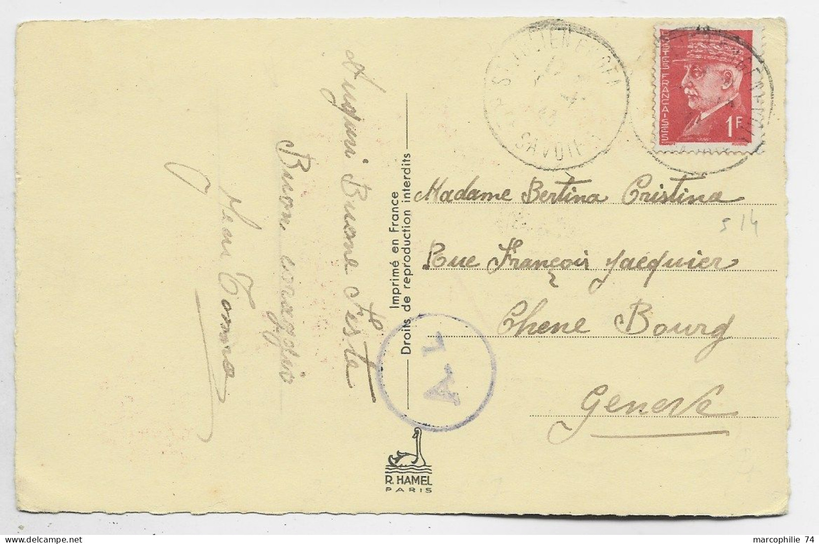 PETAIN 1FR N° 514 SEUL CARTE 5 MOTS ST JULIEN HAUTE SAVOIE 1943 POUR GENEVE CENSURE AL 20C EN TROP - 1941-42 Pétain