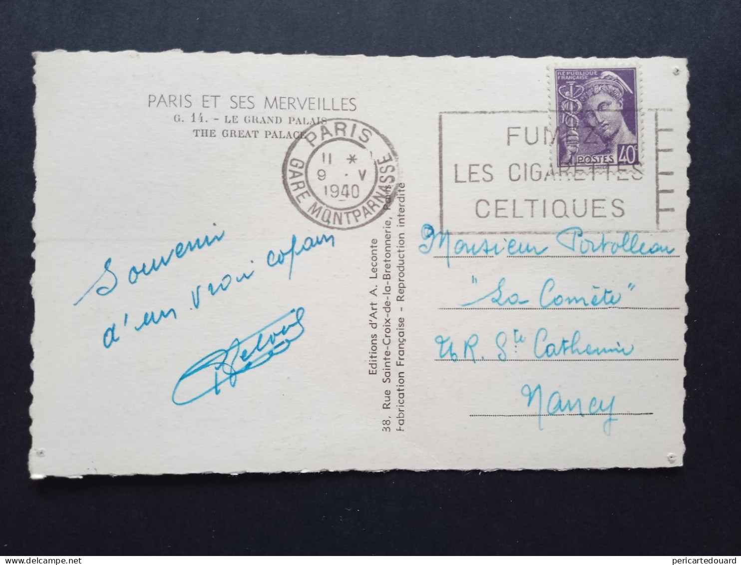 Mercure 413 Sur Carte Postale, Paris Gare Montparnasse Le 09/05/1940 - 1938-42 Mercure