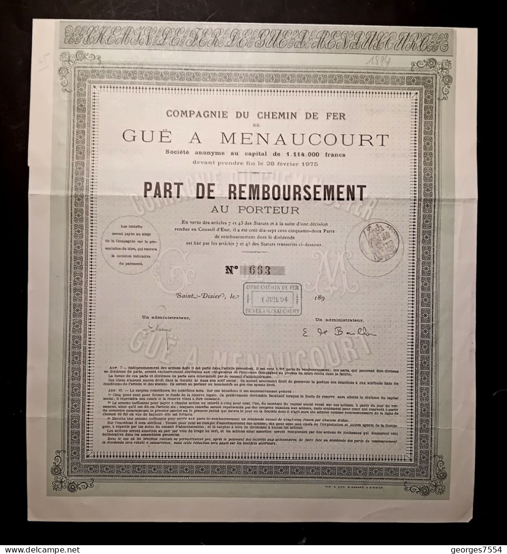 COMPAGNIE DU CHEMIN DE FER - DE GUE A MENAUCOURT  - ACTION DE 100 FR. 1894 - Chemin De Fer & Tramway