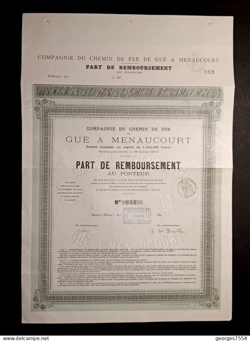COMPAGNIE DU CHEMIN DE FER - DE GUE A MENAUCOURT  - ACTION DE 100 FR. 1894 - Chemin De Fer & Tramway