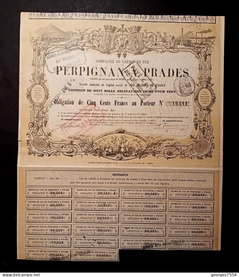 COMPAGNIE DU CHEMIN DE FER - PERPIGNAN A PRADES - ACTION DE 500 FRANCS 1867 - Chemin De Fer & Tramway