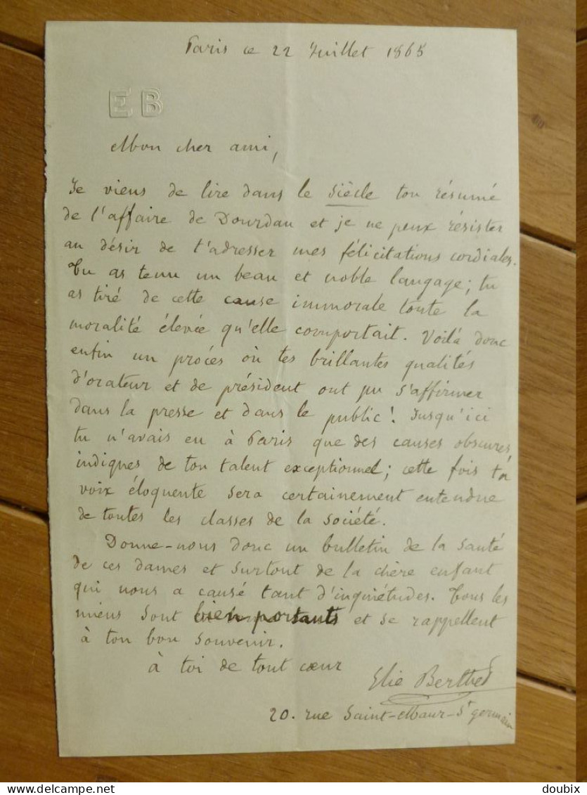 Elie BERTHET (1815-1891) ROMANCIER  & Feuilletoniste. AUTOGRAPHE à Falconnet - Historische Personen