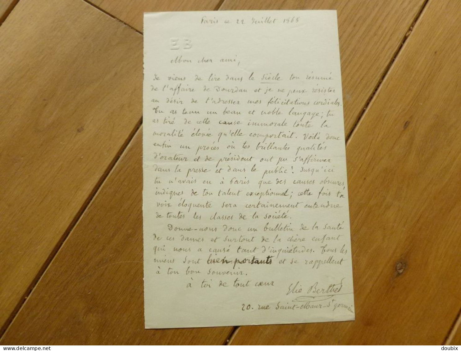 Elie BERTHET (1815-1891) ROMANCIER  & Feuilletoniste. AUTOGRAPHE à Falconnet - Historische Personen