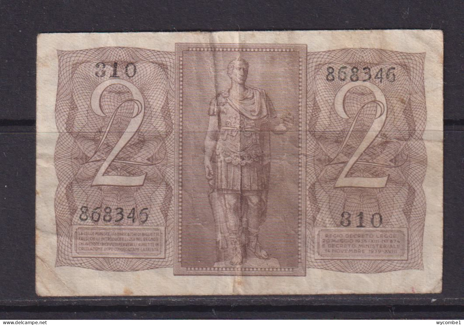 ITALY - 1939 2 Lira Circulated Banknote - Italia – 2 Lire