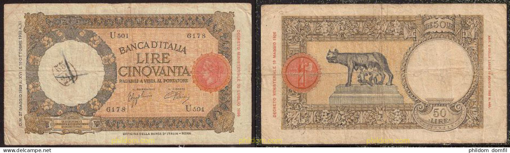 64 ITALIA 1939 50 LIRE BANCA D'ITALIA 1939 - Biglietti Consorziale