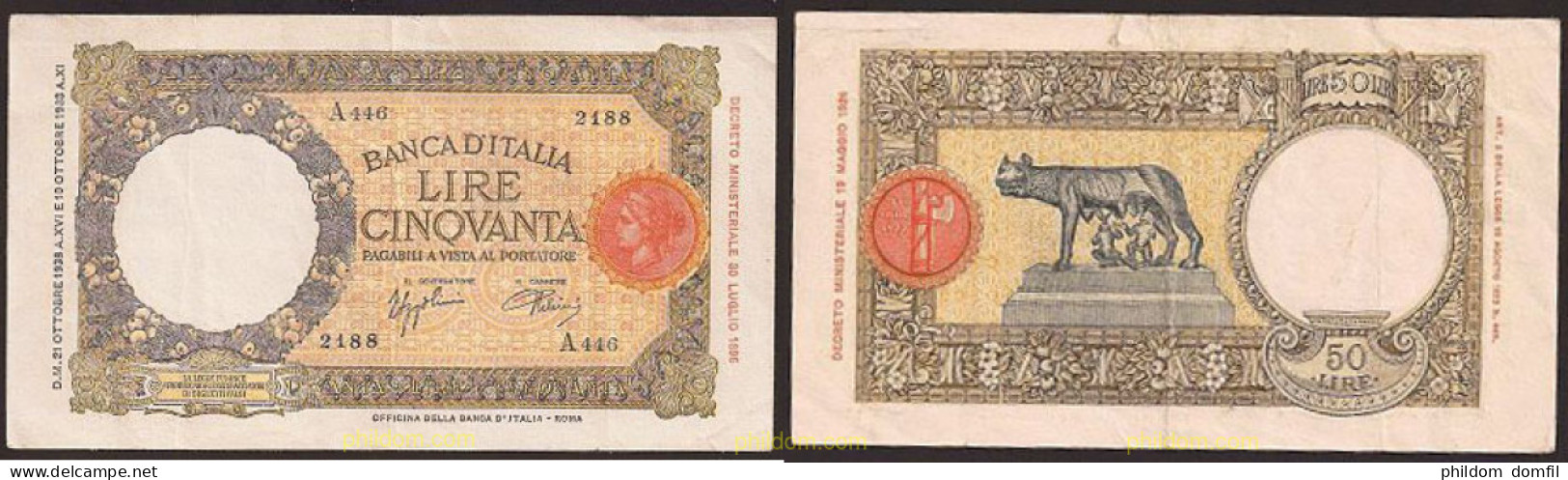 118 ITALIA 1938 50 Lire BANCONOTA DA LIRE 50 VITTORIO EMANUELE III OFFICINA L'AQUILA - Biglietti Consorziale