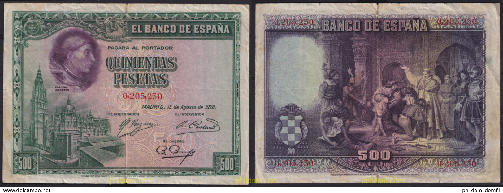 4440 ESPAÑA 1928 500 Pesetas Cardenal Cisneros - Andere & Zonder Classificatie