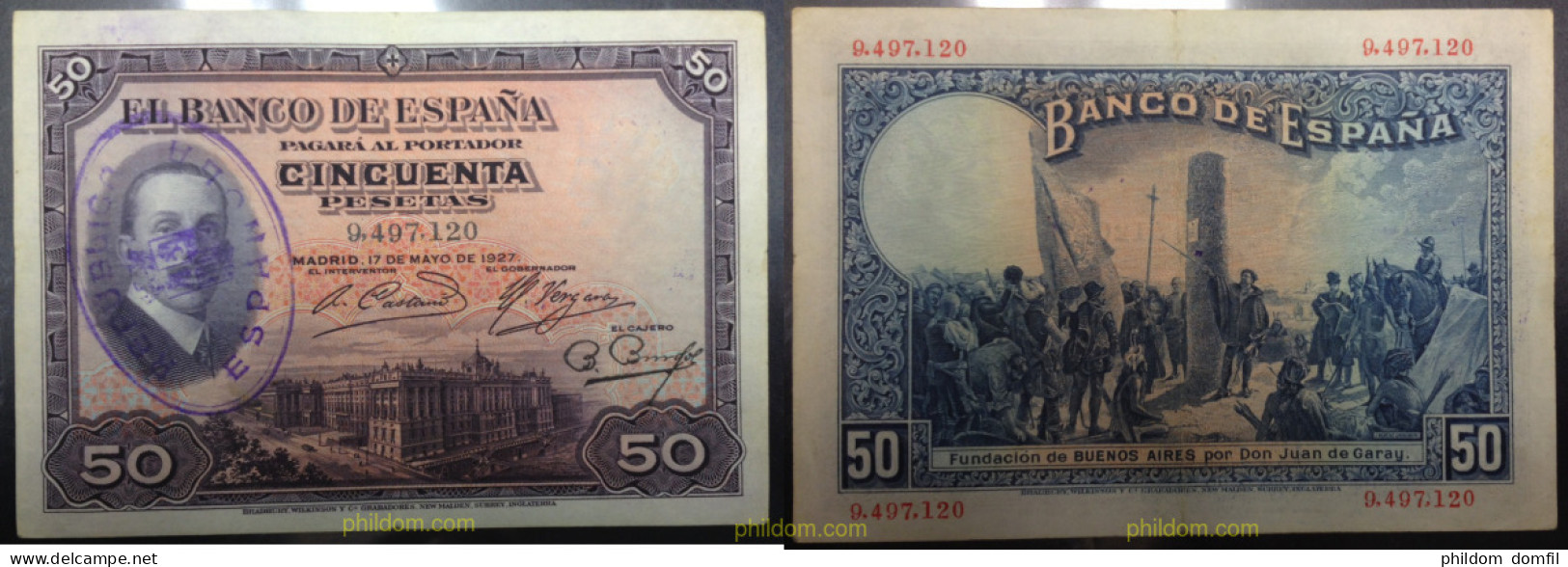 636 ESPAÑA 1927 50 PESETAS 1927 SELLO REPUBLICA - Autres & Non Classés