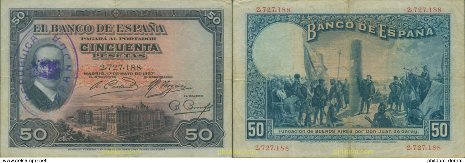 637 ESPAÑA 1927 50 PESETAS 1927 SELLO REPUBLICA - Autres & Non Classés