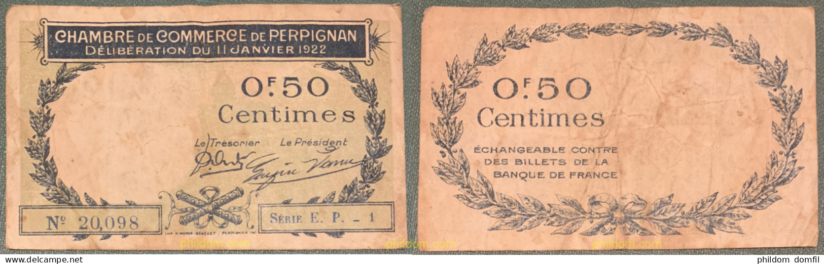 1128 FRANCIA 1922 BILLETE 0,50 CENTIMES, CHAMBRE COMMERCE PERPIGNAN 1922 - Autres & Non Classés