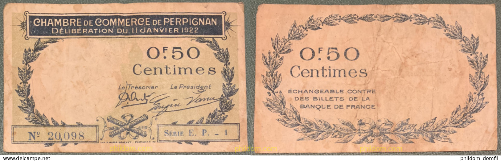 1128 FRANCIA 1922 BILLETE 0,50 CENTIMES, CHAMBRE COMMERCE PERPIGNAN 1922 - Andere & Zonder Classificatie