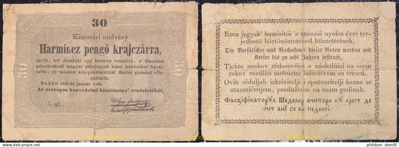 1136 HUNGRIA 1849 HUNGARY 1849 30 PENGO - Hungría