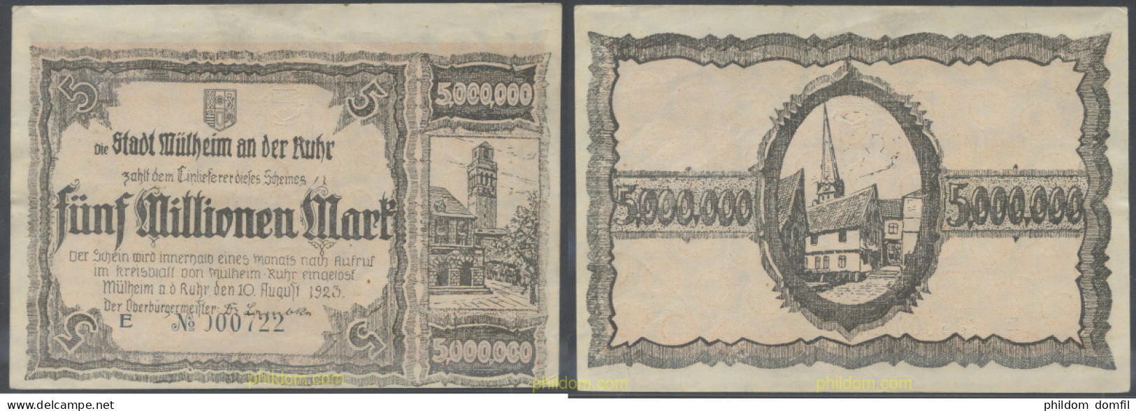 1460 ALEMANIA 1923 GERMANY 50000000 MARK 1923 MULHEIM - Administración De La Deuda