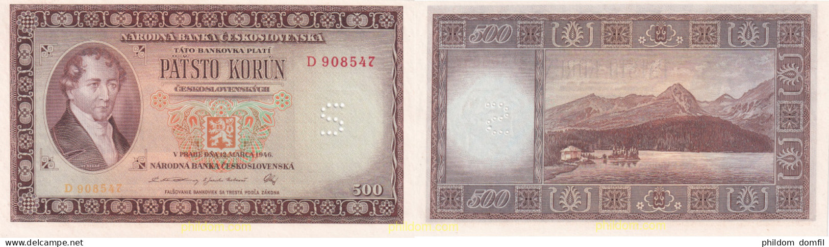 1898 CHECOSLOVAQUIA 1946 500 KORUN 1946 SPECIMEN S - Tschechoslowakei