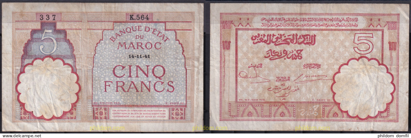 2206 MARRUECOS 1941 MAROC 5 FRANCS MAROC 1941 - Marocco