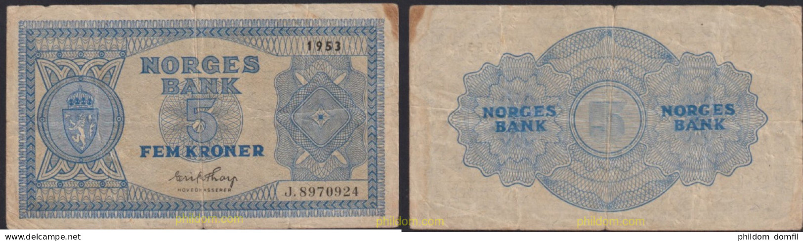2782 NORUEGA 1953 NORWAY NORGES BANK 1953 5 KRONER - Norway