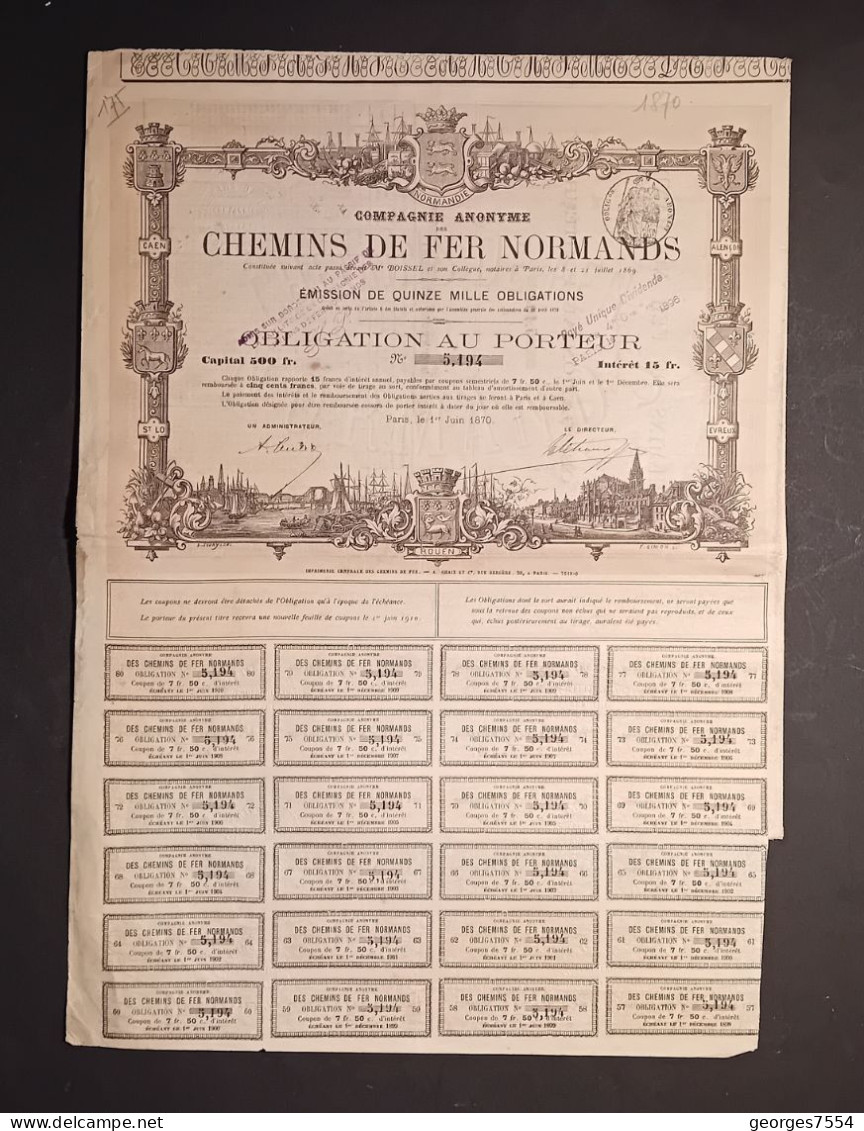 COMPAGNIE DU CHEMIN DE FER - NORMANDS  - OBLIGATION AU PORTEUR 1870 - Chemin De Fer & Tramway