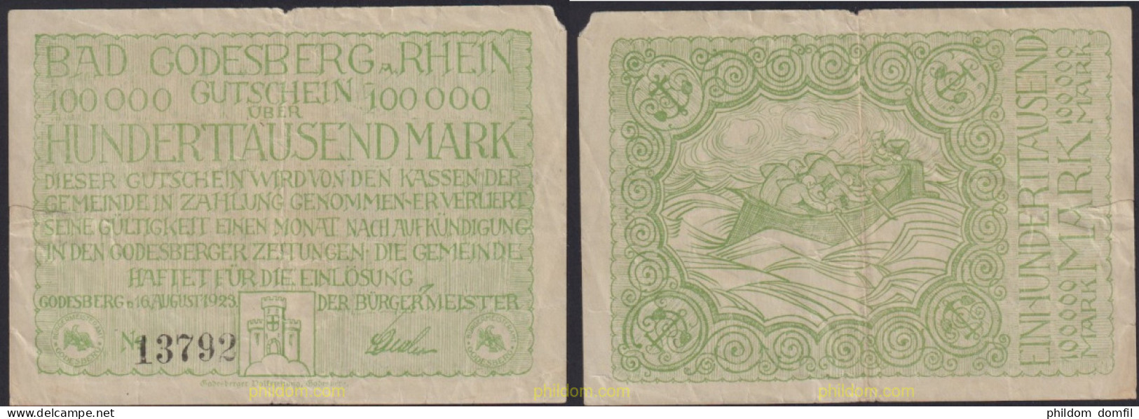 3040 ALEMANIA 1923 GERMANY BAD GODESBERG RHEIN 100000 MARK 1923 - Administration De La Dette