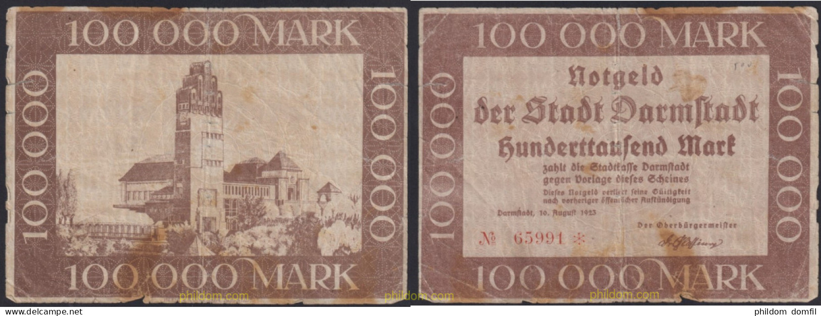 3044 ALEMANIA 1923 GERMANY 100000 MARK 1923 DARMFTADT - Administration De La Dette