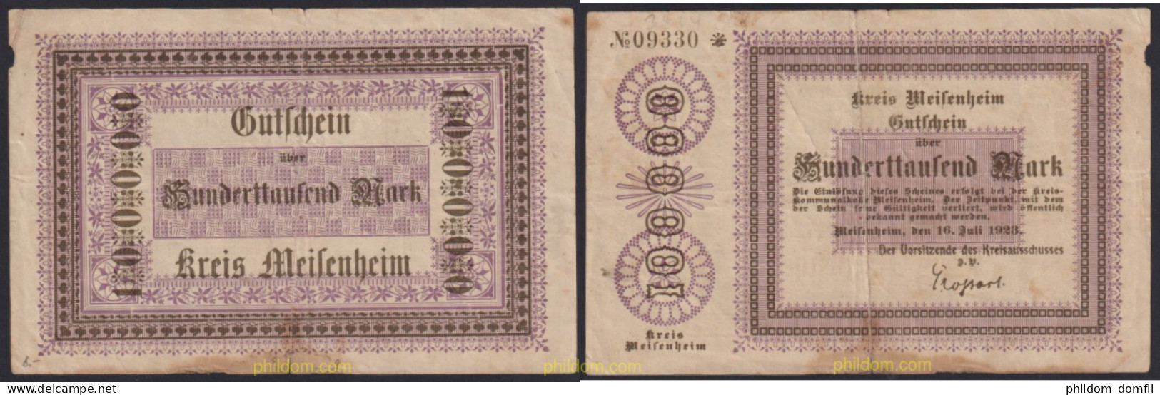 3048 ALEMANIA 1923 GERMANY 100000 MARK 1923 MEISENHEIM - Administration De La Dette