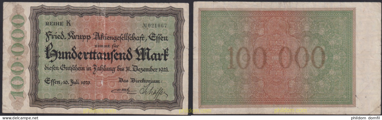 3046 ALEMANIA 1923 GERMANY 100000 MARK 1923 KRUPP - Administration De La Dette
