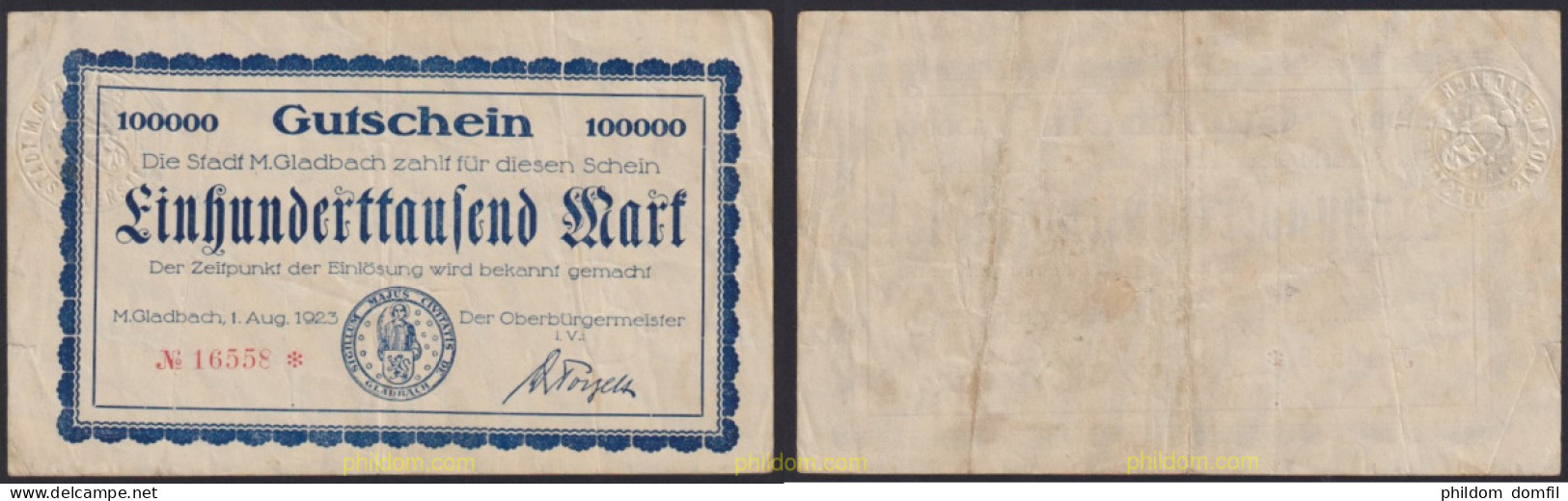 3091 ALEMANIA 1923 GERMANY 100000 MARK 1923 GLADBACH - Administración De La Deuda