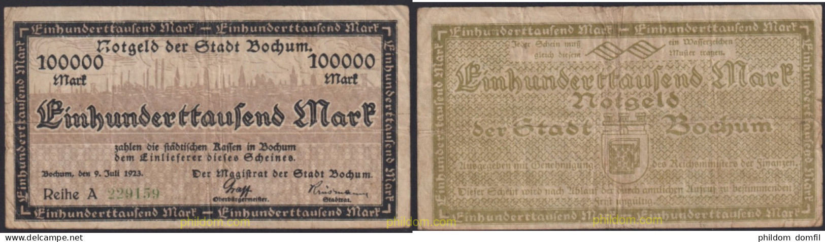 3099 ALEMANIA 1923 GERMANY 100000 MARK 1923 BOCHUM - Reichsschuldenverwaltung