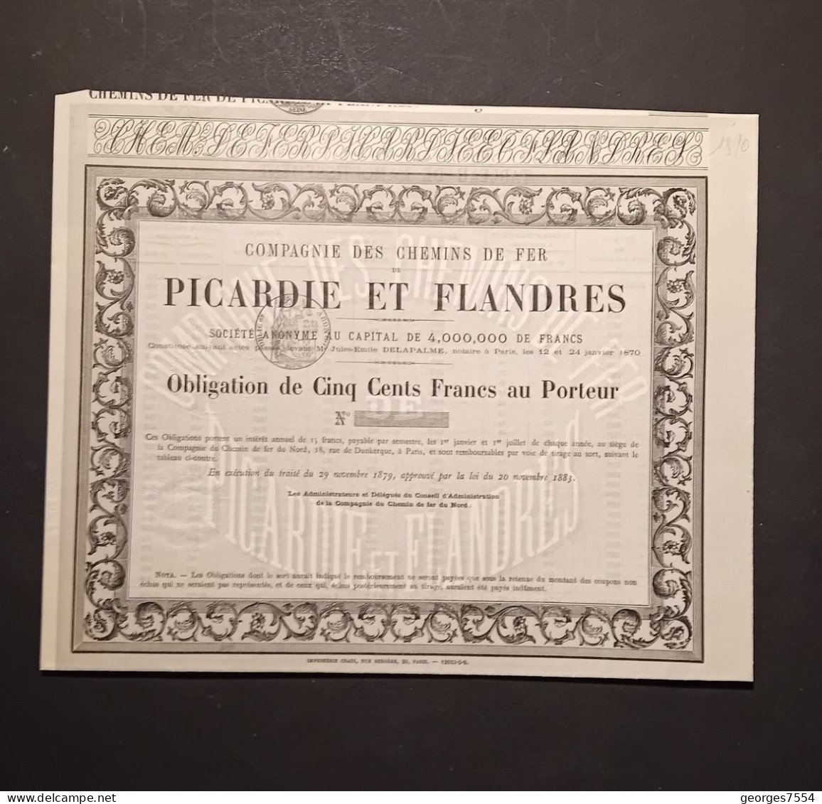 COMPAGNIE DU CHEMIN DE FER - PICARIE ET FLANDRES  - OBLIGATION DE 500 FR. 1870 - Chemin De Fer & Tramway