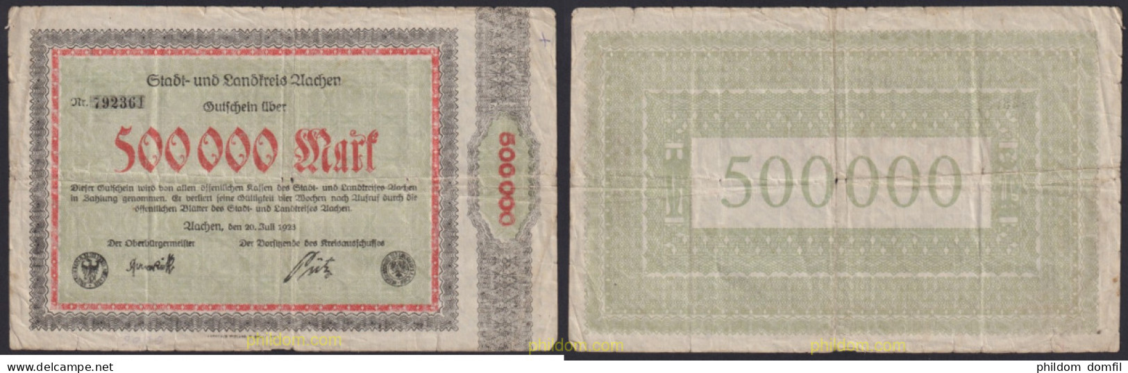 3137 ALEMANIA 1923 GERMANY 500000 MARK AACHEN 1923 - Bestuur Voor Schulden