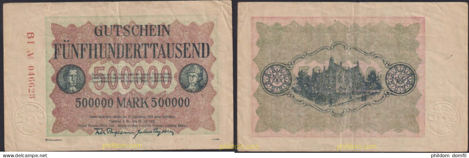 3139 ALEMANIA 1923 GERMANY 500000 MARK ALLEMAGNE HAMBORN AM RHEIN 1923 - Imperial Debt Administration