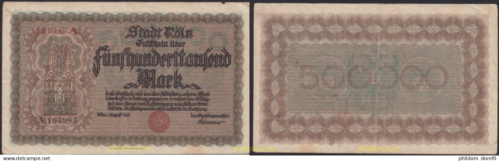 3144 ALEMANIA 1923 GERMANY STADT KÖLN 500.000 MARK 1923 - Administration De La Dette