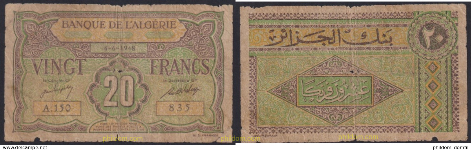 3164 ARGELIA 1948 ALGERIE 20 FRANCS 1948 - Algérie