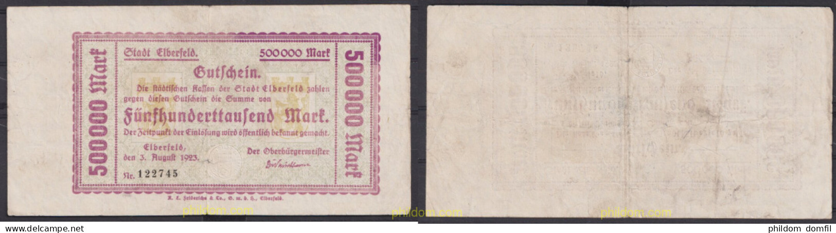 3543 ALEMANIA 1923 GERMANY 500000 MARK 1923 ELBERFELD - Imperial Debt Administration