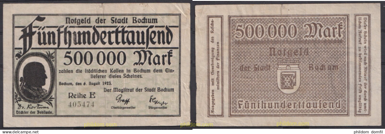 3609 ALEMANIA 1923 GERMANY 500000 MARK STADT-BOCHUM 1923 - Administración De La Deuda