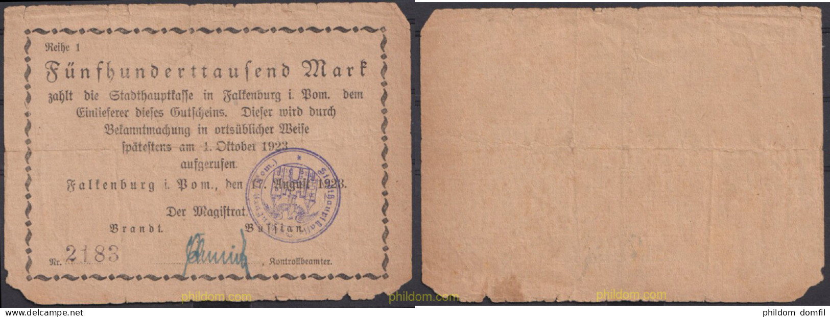 3636 ALEMANIA 1923 GERMANY FALKENBURG I BOM 500000 MARK 1923 - Reichsschuldenverwaltung