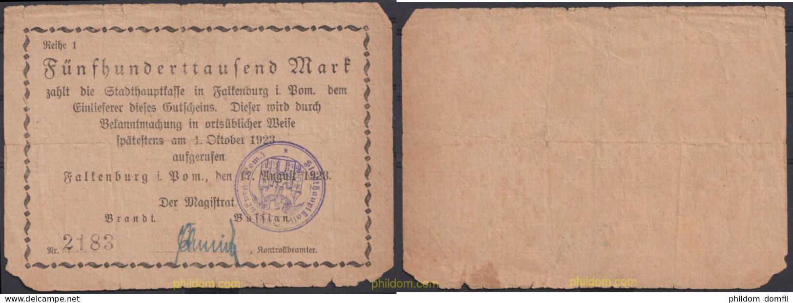 3636 ALEMANIA 1923 GERMANY FALKENBURG I BOM 500000 MARK 1923 - Administration De La Dette