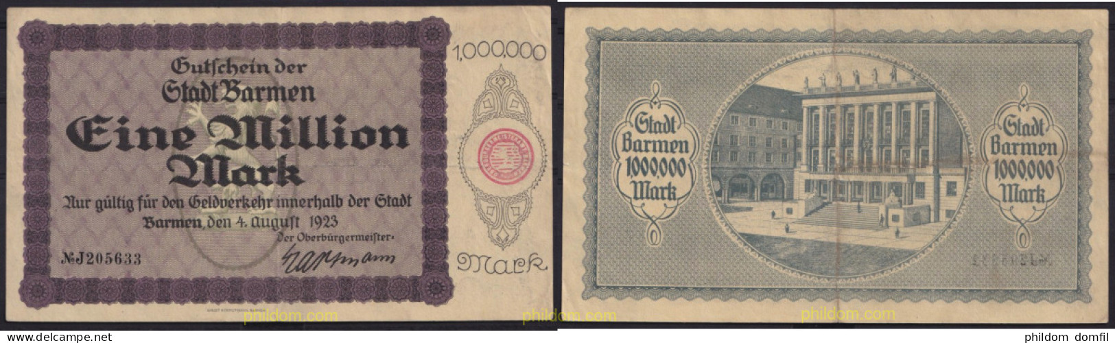 3637 ALEMANIA 1923 GERMANY BARMEN 1000000 MARK 1923 - Imperial Debt Administration