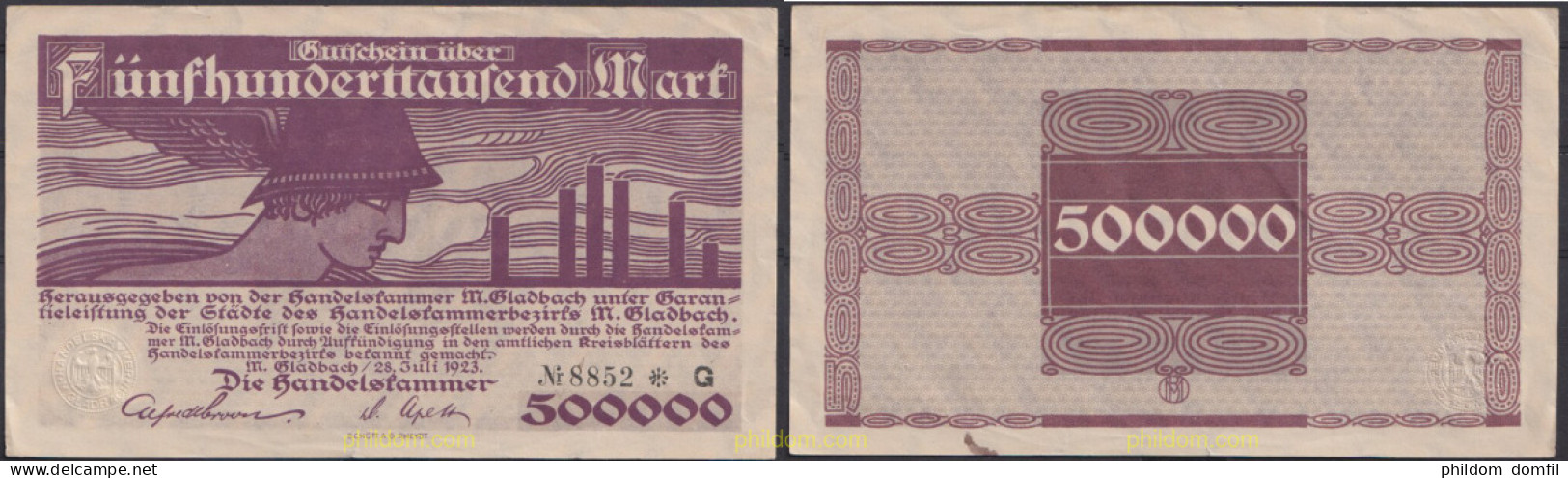 3635 ALEMANIA 1923 GERMANY 500000 MARK M. GLADBACH RHEINLAND HANDELSKAMMER 1923 - Bestuur Voor Schulden