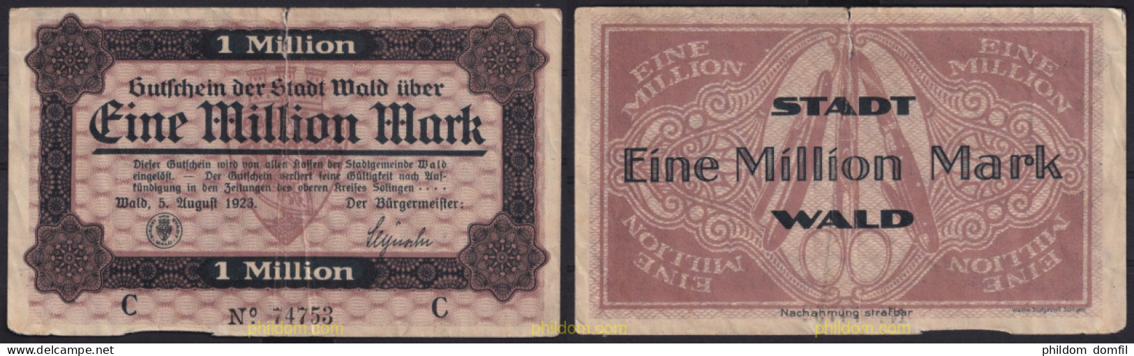 3639 ALEMANIA 1923 GERMANY 1000000 MARK 1923 STADT WALD - Bestuur Voor Schulden